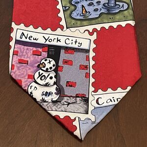 Vintage John Ashford Red Hand Made 100% Silk Made In China Stamp Print ￼